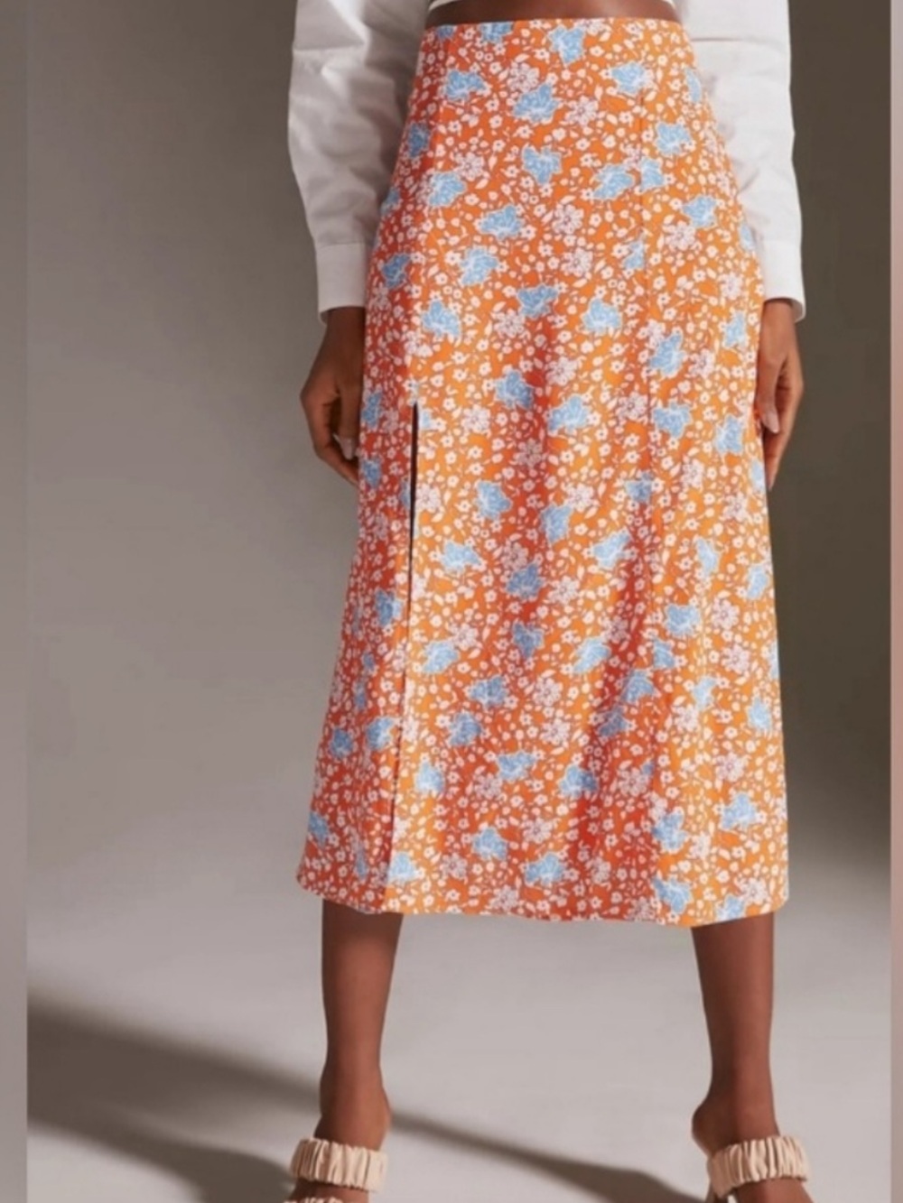 Anthropologie Orange Midi Skirt with Blue Floral Print